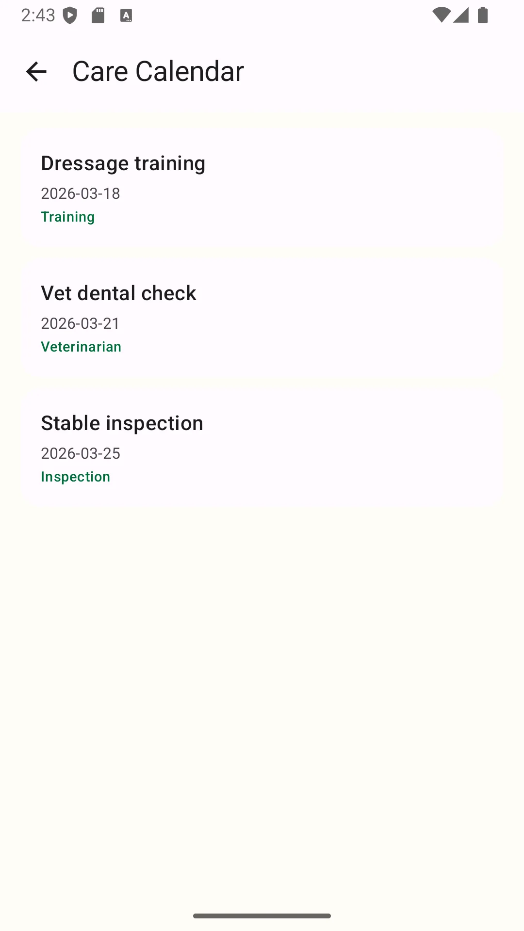 Care calendar