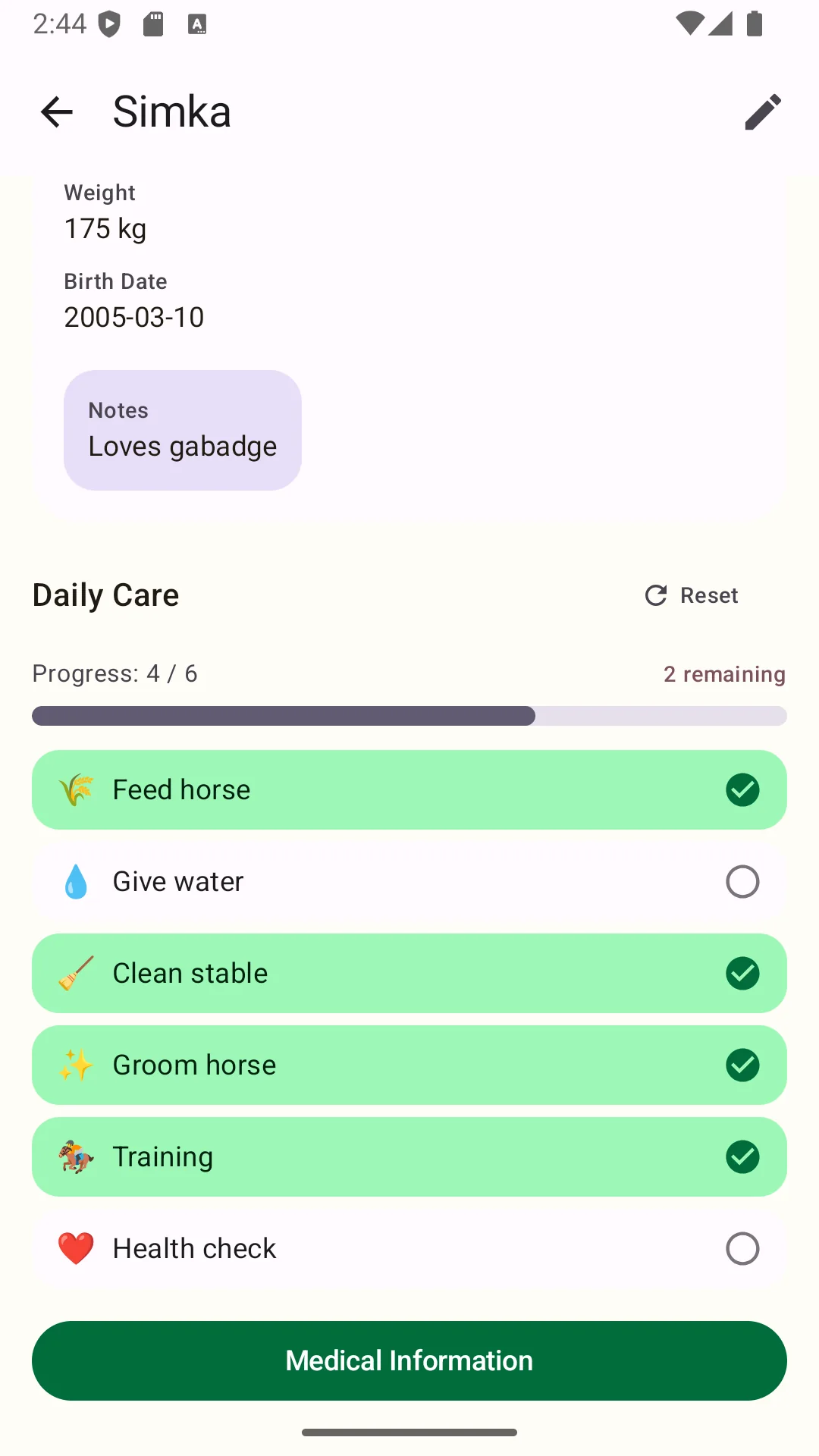 Horse Care Manager daily care screen